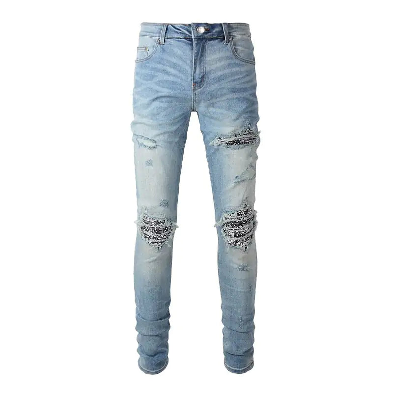 Light blue denim ripped jeans with bandanna-inspired design features