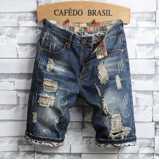 2023 Summer New Men Vintage Ripped Short Jeans Streetwear Hole Slim Denim Shorts Male Brand Clothes